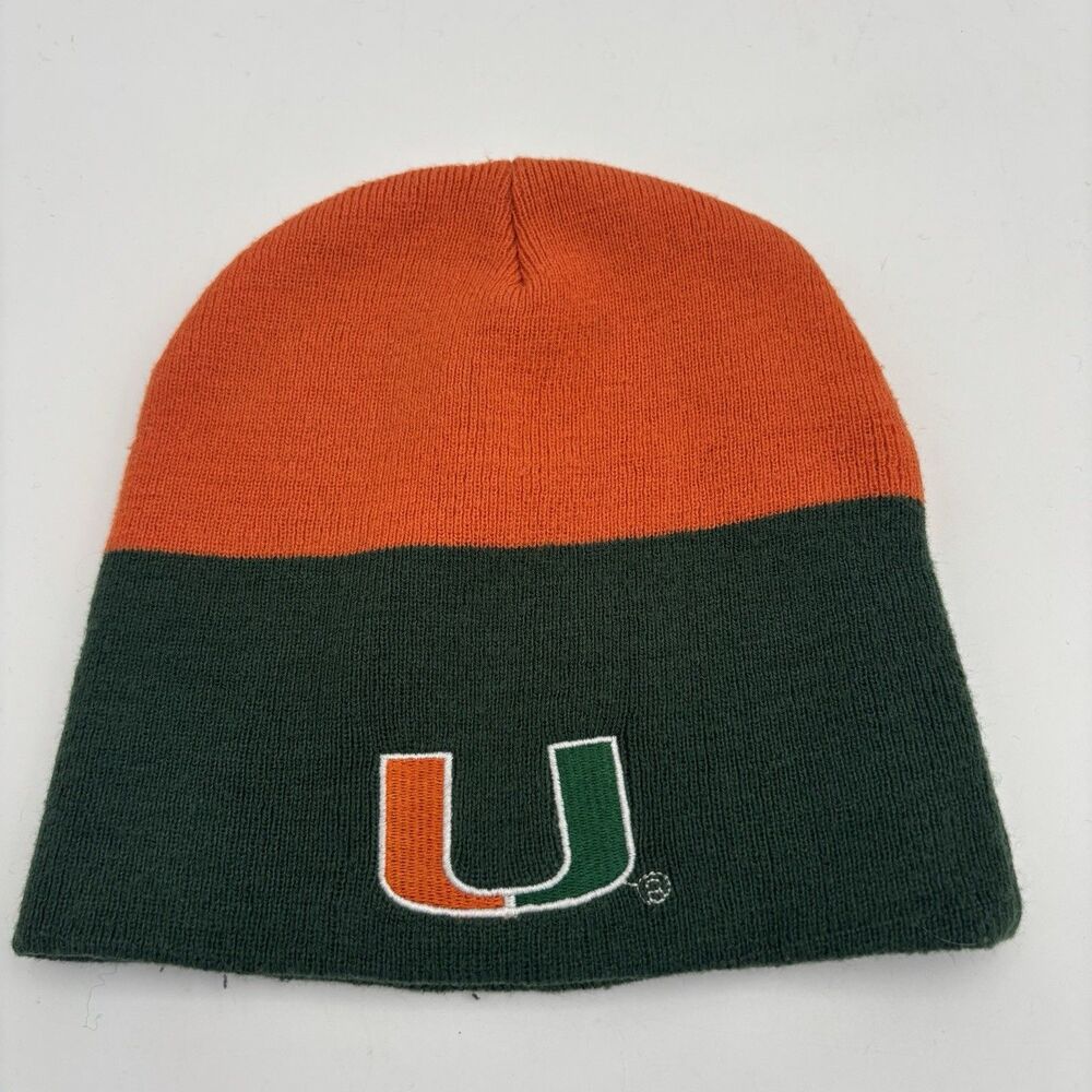 Miami Hurricanes Starter Knit Beanie Hat Orange Green U Logo NCAA College Winter